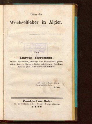 Ueber die Wechselfieber in Algier