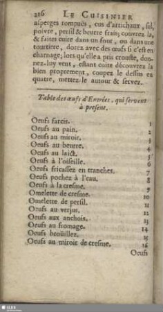 Table des œufs d'Entrées, qui servent à present