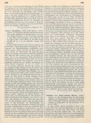 149-150 [Rezension] Clemens Alexandrius, vierter Band Register ; 2. Teil, Wort- und Sachregister