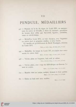 VII Pendule, Médailliers (Nr. 495 - 501)