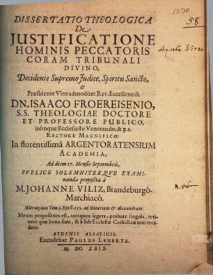 Diss. theol. de iustificatione hominis peccatoris coram tribunali divino