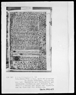 Vie, mort et miracles de Saint Hierosme — Initialen A (nthonin) und P (enses tu) und Vollbordüre, Folio 3recto