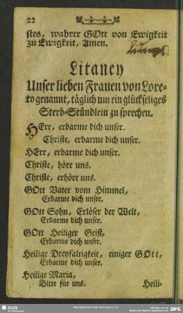 Litaney Unser lieben Frauen von Loreto genannt, täglich um ein glückseliges Sterb-Stündlein zu sprechen