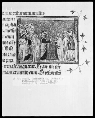 Perikopenbuch des Erzbischofs Kuno von Falkenstein: Der Zenturio von Kapernaum kniet vor Christus und fleht ihn an, seinen gelähmten Sohn zu heilen