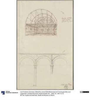 Entwurf zu einem Bibliothekssaal mit Tonnengewölbe und Zugankern & Entwurf zu einer Säulenarkade mit Halbkreisbögen