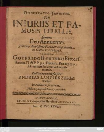 Dissertatio Iuridica. De Iniuriis Et Famosis Libellis