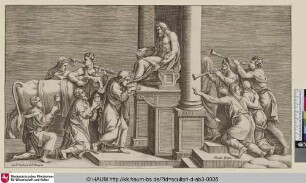 Un taureau offert en sacrifice à la statue de Jupiter [Opferung eines Stieres vor einer Statue Jupiters]