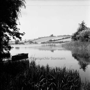 Moorteich mit Schilfrand: vorn links Ruderboot unter Baum: im Hintergrund Knicklandschaft
