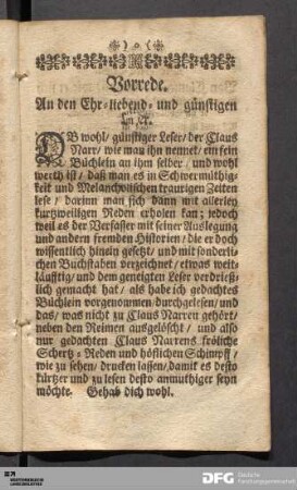 Vorrede. An den Ehr-liebend- und günstigen Leser