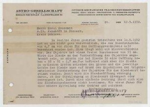 Brief von Astro-Gesellschaft m.b.H an Raoul Hausmann. Berlin