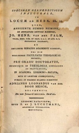 Specimen hermeneuticum inaugurale in locum ad Hebr. IX. 14.