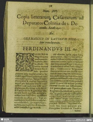 Num. XVI. Copia litterarum Caesarearum ad Deputatos Coloniae de 2. Decemb. Anni 1641