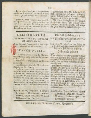 Délibération Du Directoire Du District de Strasbourg = Berathschlagung des Straßburger Distrikt-Direktoriums