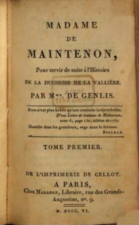 Madame de Maintenon : pour servir de suite à l'Histoire de la duchesse de la Vallière, 1