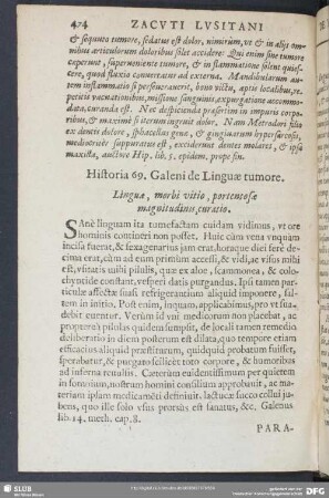 Historia 69. Galeni de Linguae tumore. Linguae, morbi vitio, portentosae magnitudinis, curatio