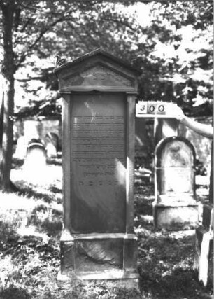 Grabstein 300 (Index: 99609937) Material: Sandstein Zustand: verwittert Maße HxBxT: 208x61x23 cm Beschreibung: Stele, Giebelaufsatz mit Verdachung, Seitenakrotere, Schriftfeld rechteckig eingetieft von Halbpfeilern begrenzt, getreppter Sockel Symbolik: florale Seitenakrotere: Grabstein 300