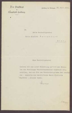 Wahl von Constantin Fehrenbach zum Vorstandsmitglied des Freiburger Münsterbauvereins