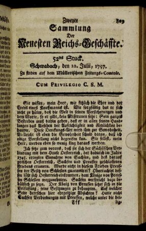 52tes Stuck. Schwabach, den 22. Julii, 1757.