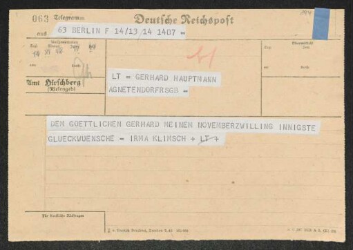 Brief von Irma Klimsch an Gerhart Hauptmann