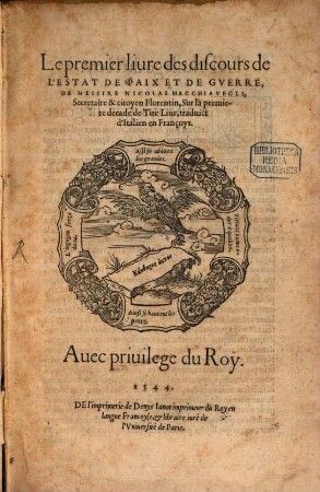 Le premier Livre des Discours de l'Estat de Paix et de guerre