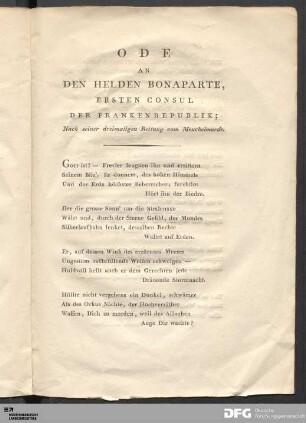 Ode An Den Helden Bonaparte, Ersten Consul Der Franken-republik; Nach seiner dreimaligen Rettung vom Meuchelmorde.