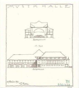 Fischer, Theodor; München, Alter Botanischer Garten; Musikhaus und Kunstgebäude - Musikhalle Südseite (Ansicht, Querschnitt)