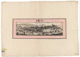 Ansicht der Stadt Schneeberg, Kupferstich, 1716 : Flössel, Georg : Prospect der Stadt Schneeberg von der Seite gegen Mittag gelegen / Melzer. [Flössel]. - Schneeberg : [Fulde] , [1716]. - 1 Ansicht auf 1 Kunstbl. : Kupferst. ; 46 x 14 cm