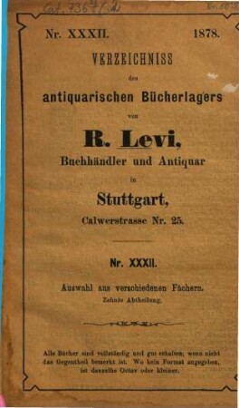 Verzeichnis des antiquarischen Bücherlagers von R. Levi, Stuttgart : [Antiquariats-Katalog], 32