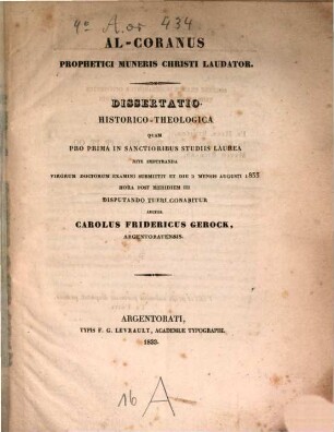 Al-Coranus prophetici muneris Christi laudator : Dissertatio historico-theologica