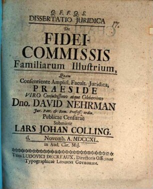 Diss. iur. de fideicommissis familiarum illustrium