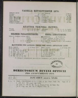 Directorium divini officii pro anno Christi 1870
