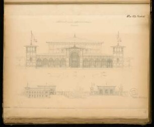 Schützenhaus Monatskonkurrenz Mai 1876: Aufriss Vorderansicht 1:100, Aufriss der Gesamtanlage 1:300; 2 Maßstabsleisten