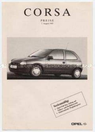 Werbematerial der Opel-AG: Preisliste zum Modell "Corsa"