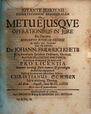 Diss. inaug. de metu eiusque operationibus in iure
