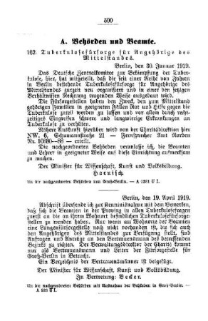 Tuberkulosefürsorge für Angehörige des Mittelstandes : [A. Behörden und Beamte]