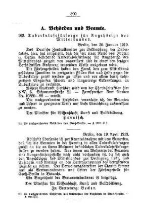 Tuberkulosefürsorge für Angehörige des Mittelstandes : [A. Behörden und Beamte]