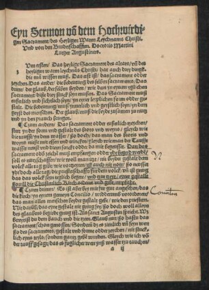 Eyn Sermon von dem Hochwirdigen Sacrament/ des Heyligen Waren Leychnams Christi. Und von den Bruderschafften. Doctoris Martini Luther Angustiners.