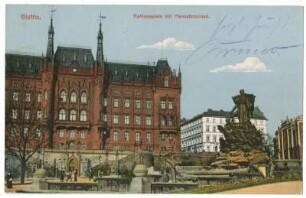 Stettin. Rathausplatz mit Manzelbrunnen.