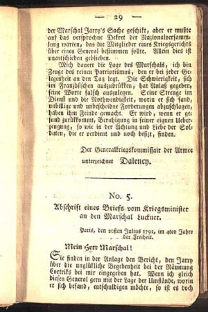 No. 5. Abschrift eines Briefs vom Kriegsminister an den Marschal Luckner.