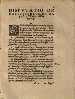 Dispvtatio De Melchisedech Ex Genes. 14. & Epistola ad Hebraeos. 7.