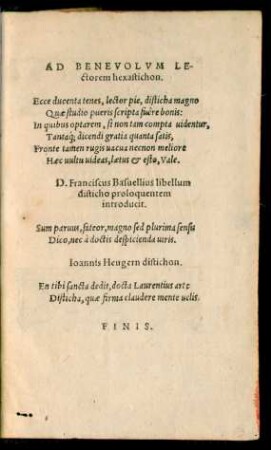 Ad Benevolum Lectorem hexastichon.