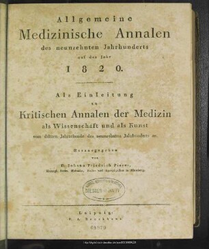 1820: Allgemeine medizinische Annalen des neunzehnten Jahrhunderts