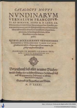 CATALOGVS NOVVS NVNDINARVM VERNALIVM FRANCOFVRTI AD MOENVM, ANNO M. D. LXXXI. CElebratarum ...