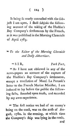 Account of the Taking of the Hudson's Bay Settlement by the French in 1783.