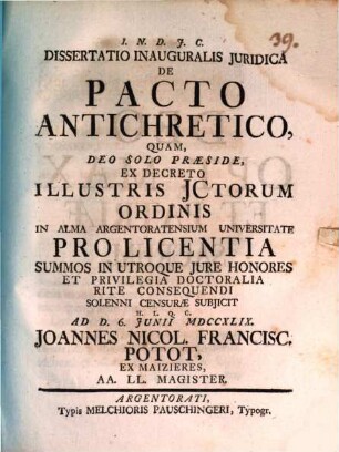 Diss. inaug. iur. de pacto antichretico