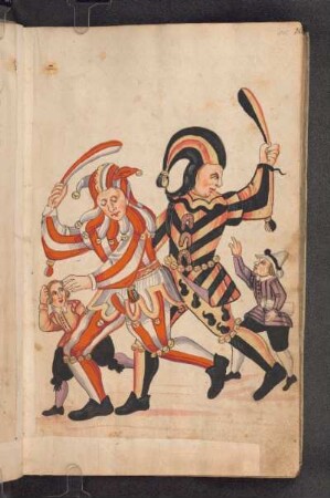 Narren mit Keulen (?) und Kindern