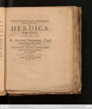 Exercitatio Philosophica Posterior De Heroica Virtute