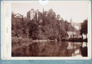 Tharandt, Blick über den Schlossteich auf die Burgruine und die Kirche