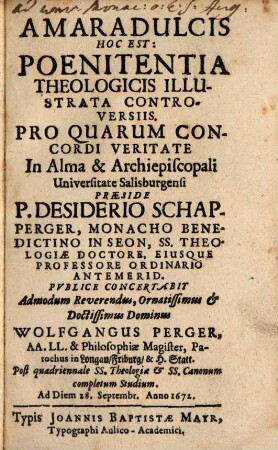 Amaradulcis, Hoc Est: Poenitentia Theologicis Illustrata Controversiis