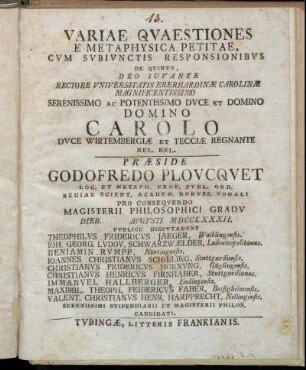Variae Qvaestiones E Metaphysica Petitae Cvm Svbivnctis Responsionibvs